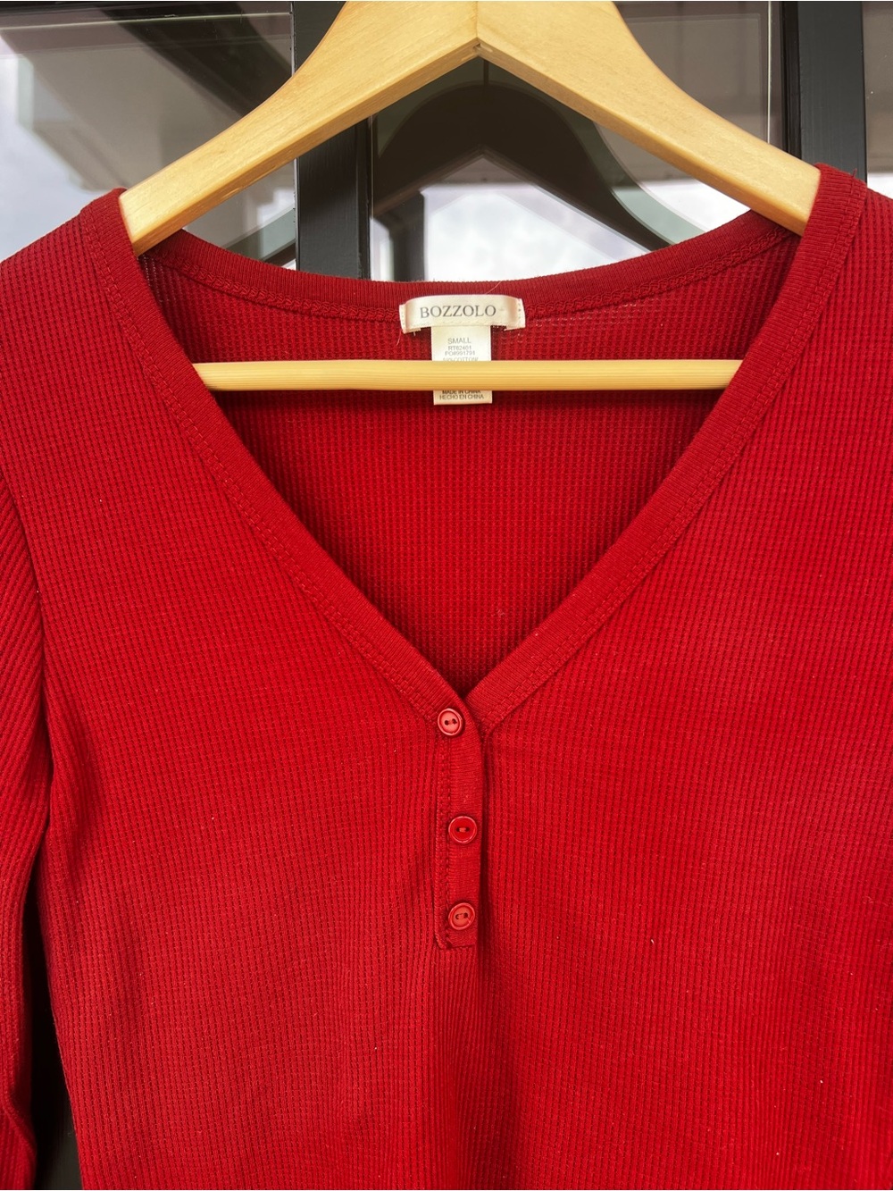 Women's Red Ribbed Henley Long Sleeve V Neck shirt small